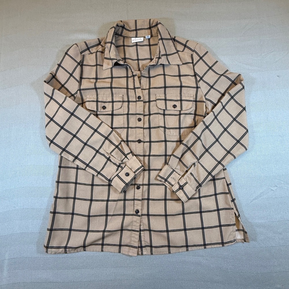 Kim Rogers Petite Tan Black Windowpane Plaid Button Down Shirt PM 2474